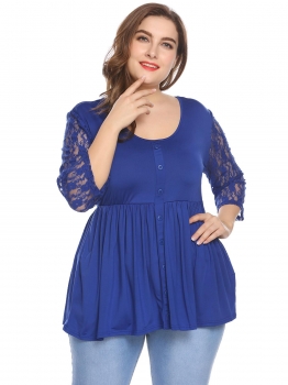 

Blue Women Plus Size Casual 3"4 Sleeve Sheer Lace Patchwork Blouse Top, Multicolor