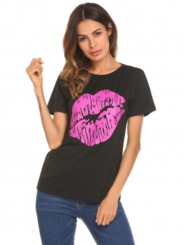 

Black Women O Neck Short Sleeve Big Red Lips Printed Loose T-Shirt Blouse Tops, Multicolor