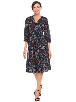 

Navy blue Women Fashion V-Neck 3"4 Sleeve Floral A-Line Shirt Dress, Multicolor