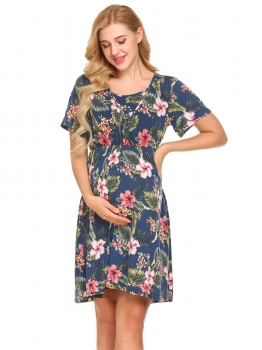

Blue Women Flare Sleeve Floral Empire Waist Casual Nursing Breastfeeding Dress, Multicolor