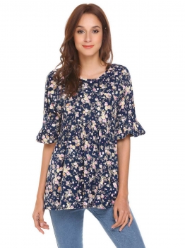 

Navy blue Women Casual O-Neck Short Sleeve A-Line Pleated Hem Prints Sexy T-shirt Tops, Multicolor