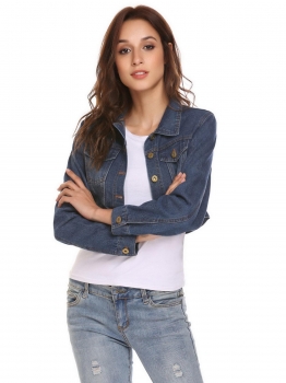 

Dark blue Women Fashion Turn-down Collar Long Sleeve Button Pocket Short Denim Outwear Jacket, Multicolor