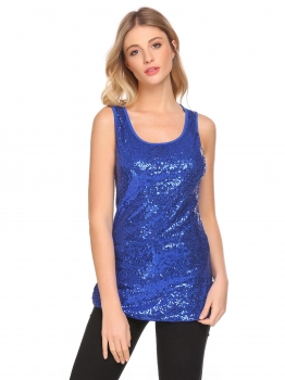 

Blue Women Fashion Sleeveless Sequins Patchwork Tank Top, Multicolor