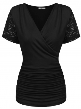 

Black Women V-Neck Short Sleeve Cross Front Ruched Lace Patchwork Slim Fit T-Shirt Top, Multicolor