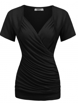 

Black Women V-Neck Short Sleeve Cross Front Ruched Solid Slim Fit T-Shirt Top, Multicolor