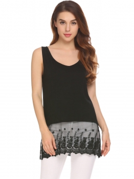 

Black Women Casual Back V Neck Lace Mesh Patchwork Long Basic Tank Top, Multicolor