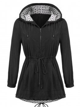 

Black Women Casual Hooded Long Sleeve Elastic Cuffs Waist Drawstring Asymmetrical Hem Windproof Outwear, Multicolor