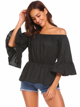 

Black Women Off Shoulder 3"4 Flare Sleeve Solid Elastic Slim Waist Blouse Tops, Multicolor