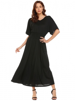 

Black Women Casual V-Neck Batwing Short Sleeve Loose Maxi Dress, Multicolor