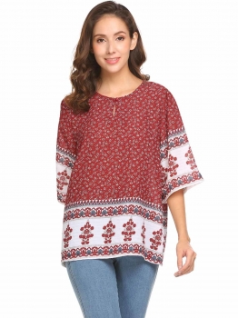 

Wine red Women Casual Half Sleeve Loose Ethnic Print Button Front T-shirt Tops Blouse, Multicolor