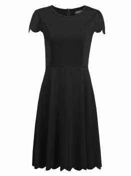 

Black Women Casual O-Neck Cap Sleeve A-Line Solid High Waist Scalloped Hem Dress, Multicolor