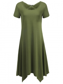 

Army green Women O-Neck Lace Up Short Sleeve Irregular Swing Hem Solid Dress, Multicolor
