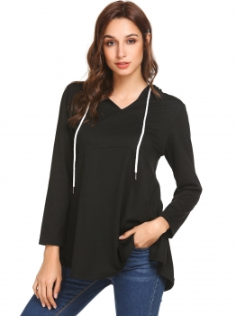 

Black Women Casual Hooded Drawstring Long Sleeve Solid A-Line Hem Sexy Blouse T-shirt Tops, Multicolor