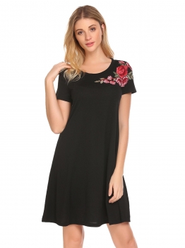 

Black Zeela Women Casual O-Neck Short Sleeve Floral Embroidey A-line Dress, Multicolor