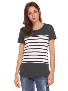 

Black Women Casual O-Neck Short Sleeve Patchwork Striped Regular Fit Sexy T-shirt, Multicolor