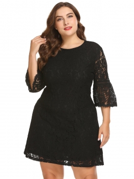 

Black Women Plus Size 3"4 Flare Sleeve Full Lace A-line Evening Party Dress, Multicolor