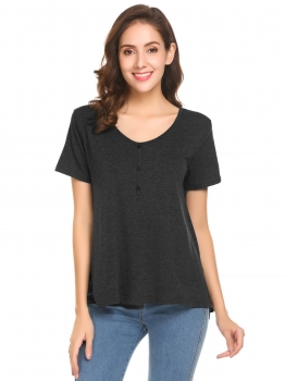 

Black Women V-Neck Short Sleeve Button Décor Casual Loose Fit Blouse Top, Multicolor