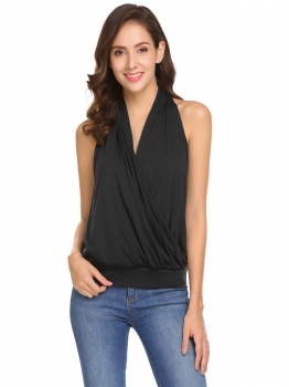 

Black Women Casual Crossing Deep V-Neck Back Hollow Out Sleeveless Solid Sexy Tops, Multicolor