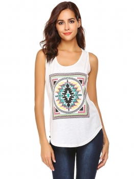 

White Women Casual O-Neck Sleeveless Print Arc Hem Racerback Tank Top, Multicolor
