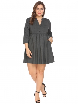 

Black Women Notch Neck 3"4 Sleeve Casual Pleated Shirt Dress w" Pocket Plus, Multicolor