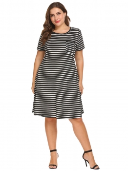 

Black Women O-Neck Short Sleeve Striped Casual Slim Fit T-Shirt Dress Plus, Multicolor