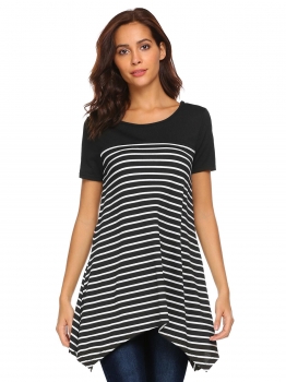 

Black Women O-Neck Short Sleeve Striped Irregular Casual Loose Fit Tunic Top, Multicolor