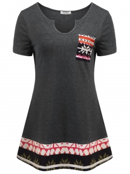 

Black Women V-Neck Short Sleeve Casual Patchwork Pocket T-Shirts Tunic Tops, Multicolor