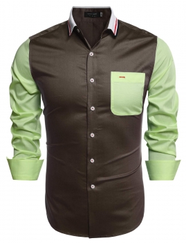 

Brown Men Fashion Polo Collar Long Sleeve Contrast Color Patchwork Button Down Casual Shirts, Multicolor