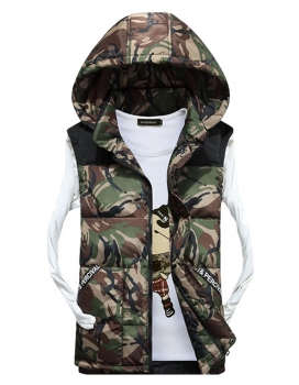 

Green Men Fashion Casual Sleeveles Zip-up Camouflage Thick Vest with Removable Hood Coats & Jackets, Multicolor