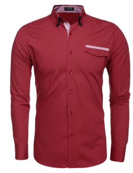 

Wine red Men Slim Dual Turn Down Collar Long Sleeve Solid Button Casual Shirts, Multicolor