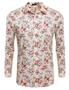 

Beige Men Casual Long Sleeve Stand Collar Button Floral Prints Shirts, Multicolor