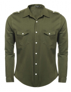 

Army green Men Embroidered Epaulet Long Sleeve Pocket Button Front Casual Shirts, Multicolor