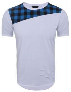 

Short Sleeve O Neck Plaid Cut off Patchwork Pullover Long T-Shirt, Multicolor