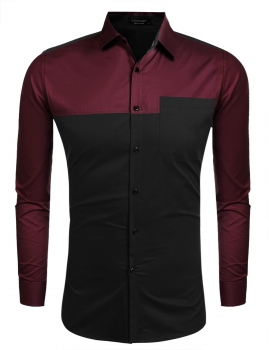 

Black Mens Casual Long Sleeve Button Down Collar Patchwork Slim Shirts, Multicolor