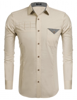 

Beige Mens Color Block Long Sleeve Button Down Collar Patchwork Slim Casual Shirt, Multicolor