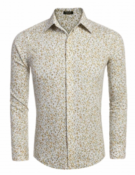 

Beige Mens Casual Long Sleeve Floral Print Slim Button Down Shirt, Multicolor