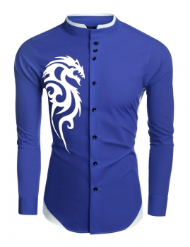 

Blue Casual Long Sleeve Patchwork Stand Collar Slim Print Shirt, Multicolor