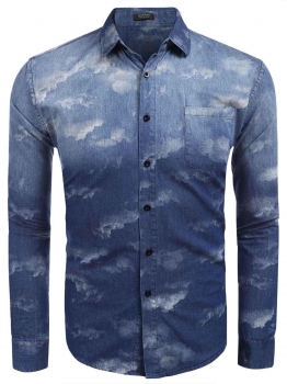 

Blue Turn Down Collar Long Sleeve Camouflage Shirts, Multicolor