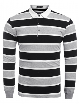 

Men Casual Turn Down Collar Long Sleeve Striped Polo Shirt, Multicolor