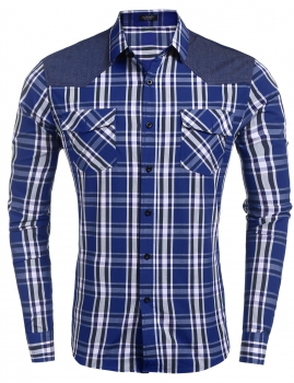 

Dark blue Men Long Sleeve Elbow Patch Plaid Button Down Casual Shirts, Multicolor