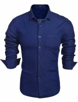 

Blue Slim Turn Down Collar Long Sleeve Button Denim Casual Shirts, Multicolor