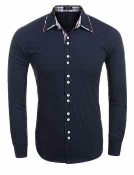 

Navy blue Men Slim Dual Turn Down Collar Long Sleeve Button Casual Shirts, Multicolor