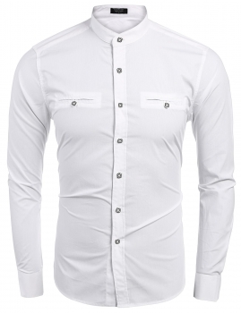 

White Men Fashion Slim Stand Collar Long Sleeve Solid Button Down Casual Shirts, Multicolor