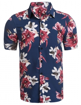 

Blue red Mens Casual Short Sleeve Floral Print Button Down Shirt, Multicolor