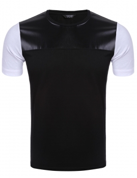 

Black white Men Casual Short Sleeve O Neck Leather Patchwork Slim Pullover T-Shirt, Multicolor