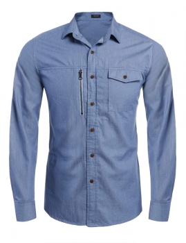

Blue Men's Turn Down Collar Long Sleeve Casual Denim Button With Pocket Shirts, Multicolor