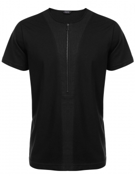

Black Men's O-Neck Short Sleeve Half Zipper Patchwork Casual T-Shirt, Multicolor