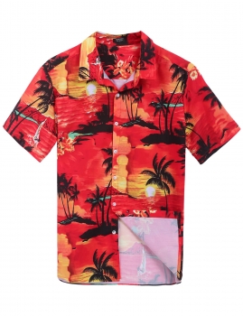 

Red Short Sleeve Print Aloha Style Slim Hawaiian Button Down Shirt, Multicolor