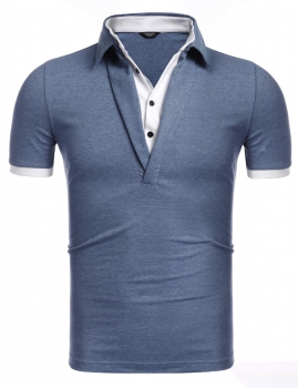 

Dark blue Men's V-Neck Short Sleeve Contrast Color False Two Pieces Pullover Elastic Polo Shirt, Multicolor