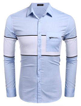 

Blue Long Sleeve Contrast Color Pocket Casual Button Down Shirt, Multicolor